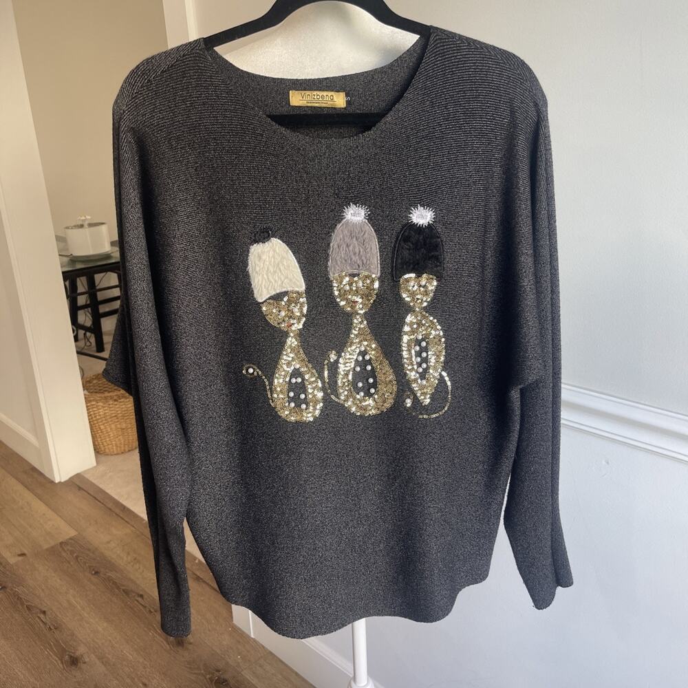 Vinizbena Women's Beige Beaded Studded Cat Lady Sweater Small Artsy Grandma Core
